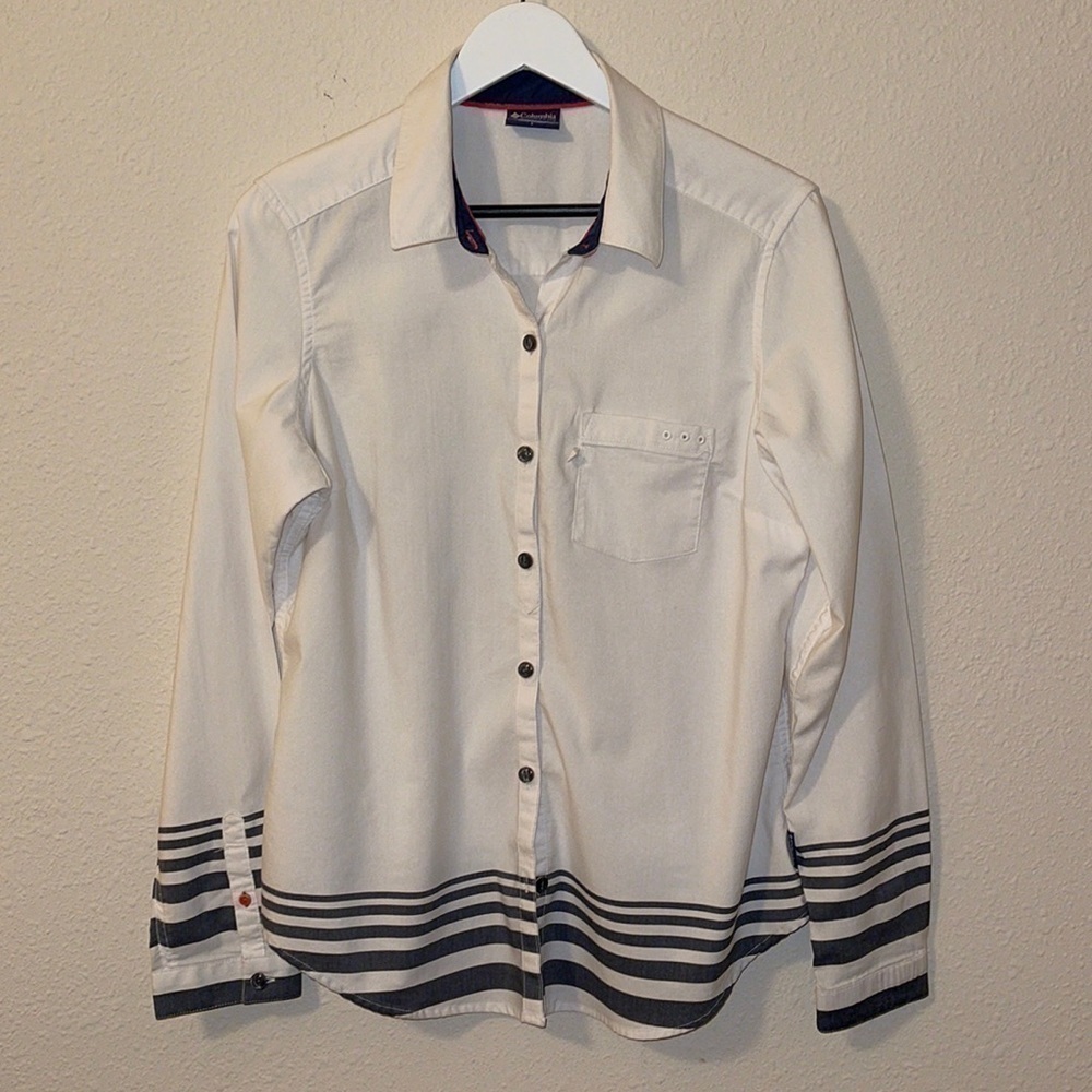 Columbia White Pocket Blouse Blue Stripes Sz. L